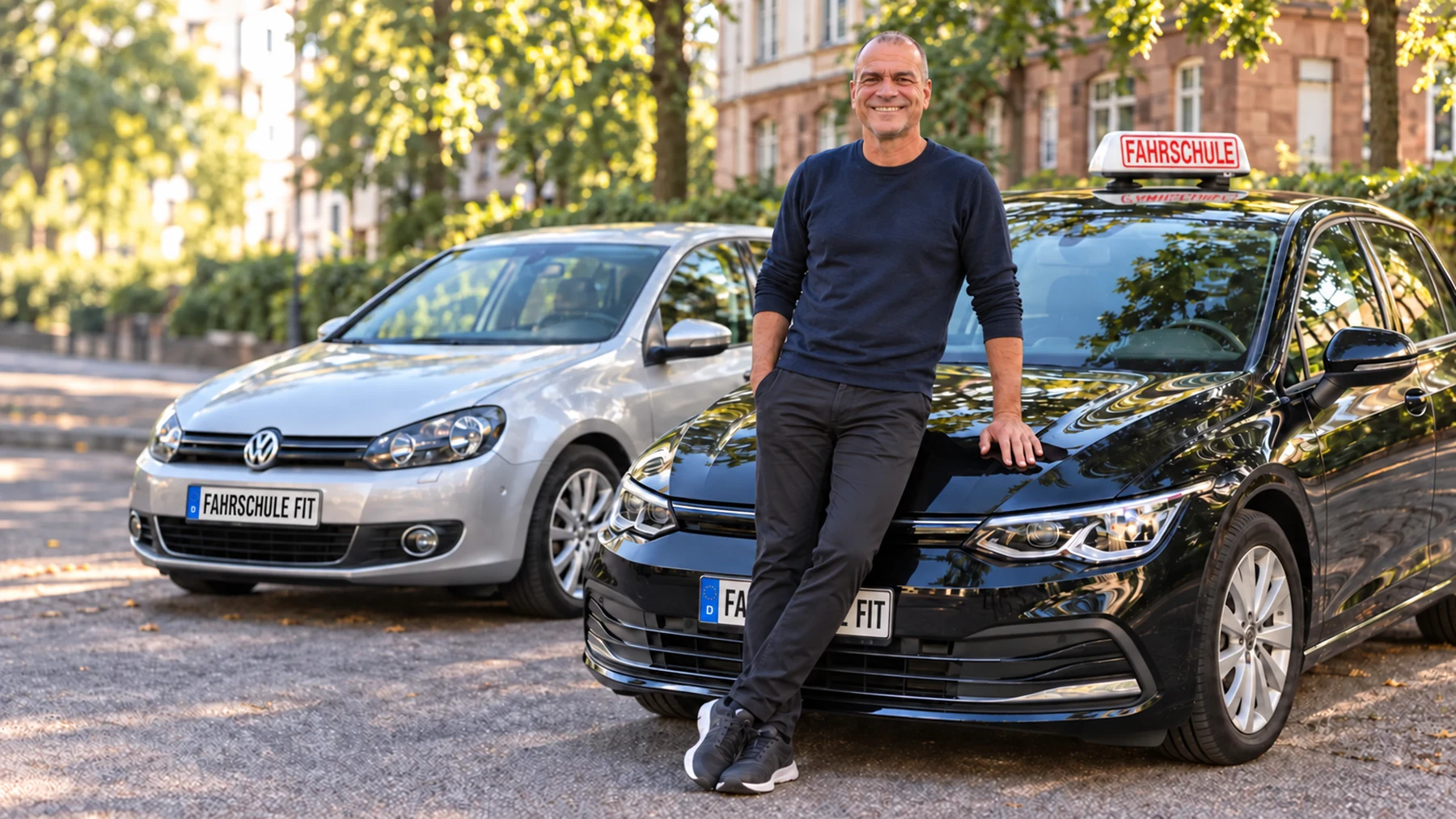 Thomas Stuckardt mit den Fahrzeugen seiner Fahrschule FIT